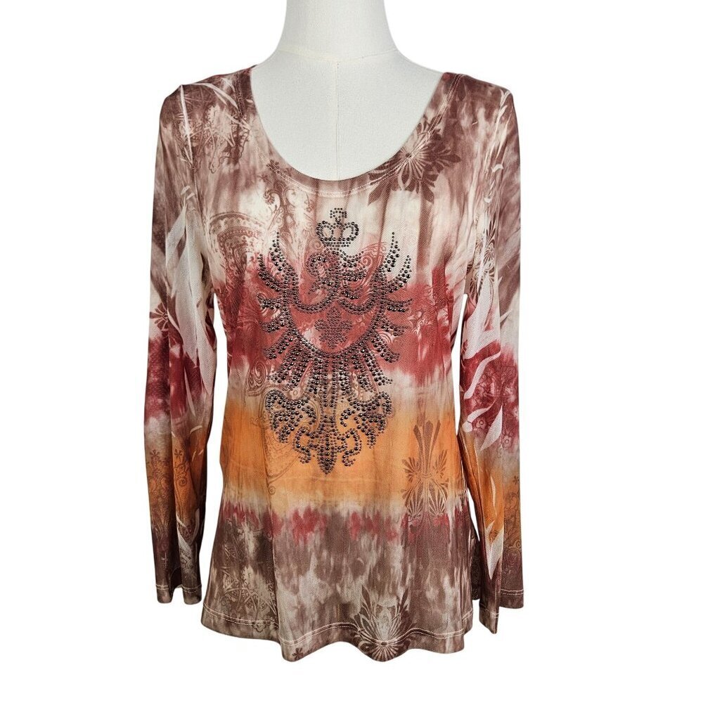 David Cline Mesh Sheer Tie-Dye‎ Rhinestone Embellished Long Sleeve Top P Large